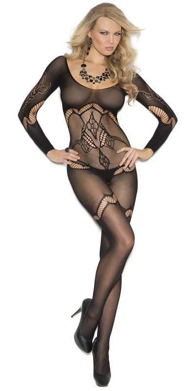 Woman in black Sexy Beat Long Sleeve Floral Crochet Net Bodystocking, featuring floral crochet pattern, long sleeves, and open crotch detail. Wearing necklace, earrings.