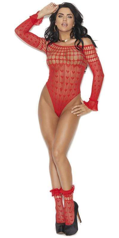 Sexy Behold Red Off Shoulder Heart Fishnet Teddy with Anklets