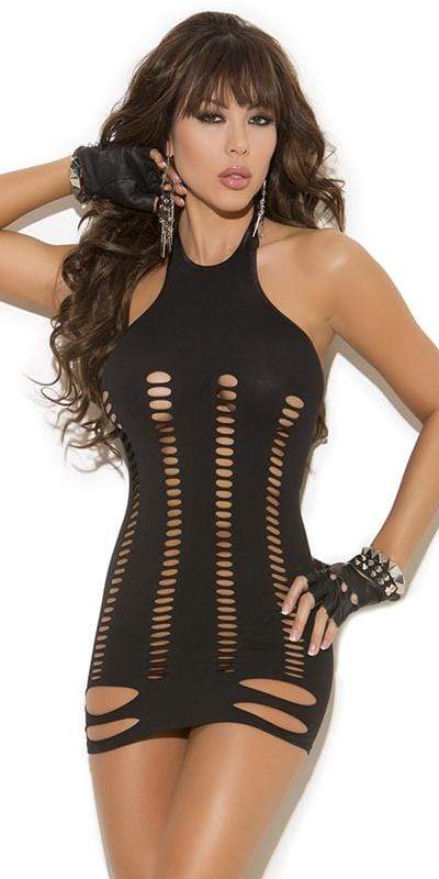 Woman wearing Sexy Big Mesh Hole Halterneck Tube Mini Dress, showcasing its figure-hugging fit and allover opaque mesh hole design, ideal for evening wear.