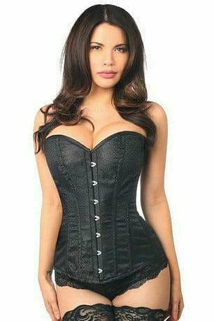 Sexy Black Brocade Corset worn by a woman, featuring front busk closure, supportive bones, garter loops, and back cinching details, exuding confidence and allure.