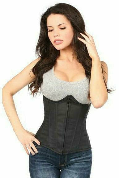 Woman wearing Sexy Black Cotton Underbust Corset with long hair, featuring front zipper, visible boning, and lace-up back, emphasizing a classic silhouette.
