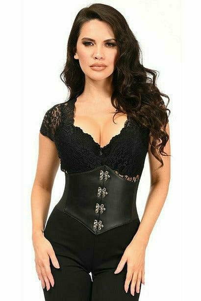 Sexy Black Faux Leather Corset Belt Cincher with Clasps showcased by a woman, highlighting its front clasp embellishments and elastic sides for a fashionable, secure fit.