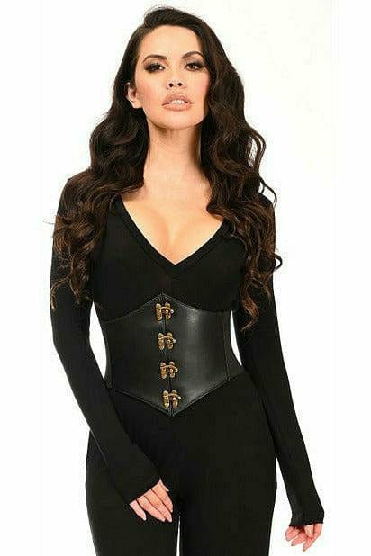 Woman modeling a Sexy Black Faux Leather Corset Belt Cincher with Clasps, showcasing vegan leather embellishments and a cinch fit for a fashion-forward look.