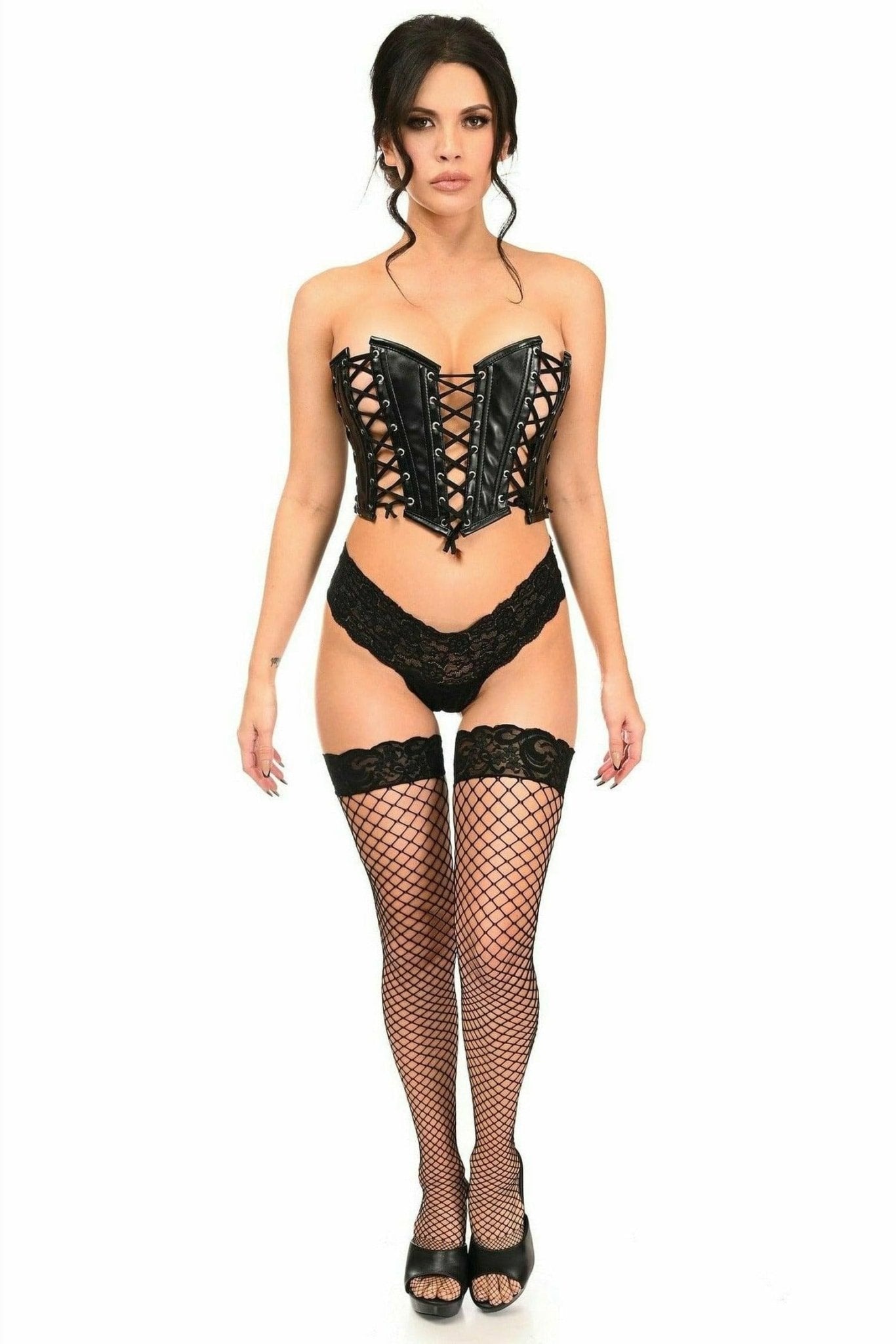 Sexy Black Faux Leather with Black Lacing Lace-Up Bustier Musotica.com