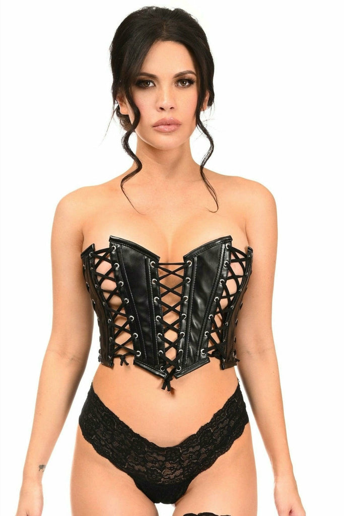 Woman wearing a Sexy Black Faux Leather with Black Lacing Lace-Up Bustier, highlighting its lace-up detailing and form-fitting design, emphasizing curves.