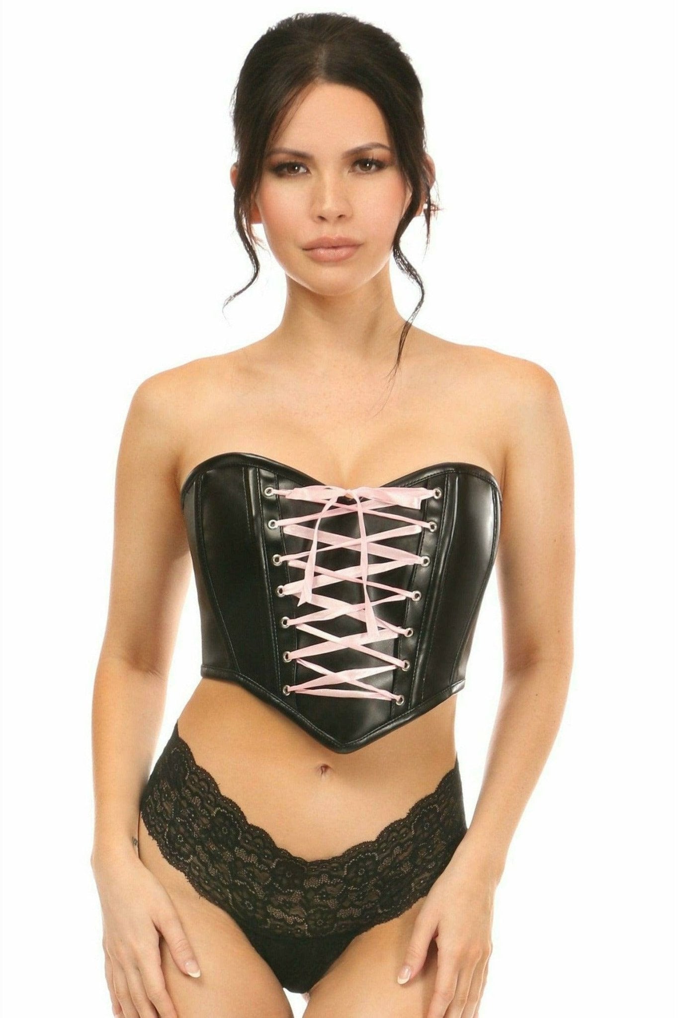 Sexy Black Faux Leather with Pink Lace-Up Bustier Musotica.com