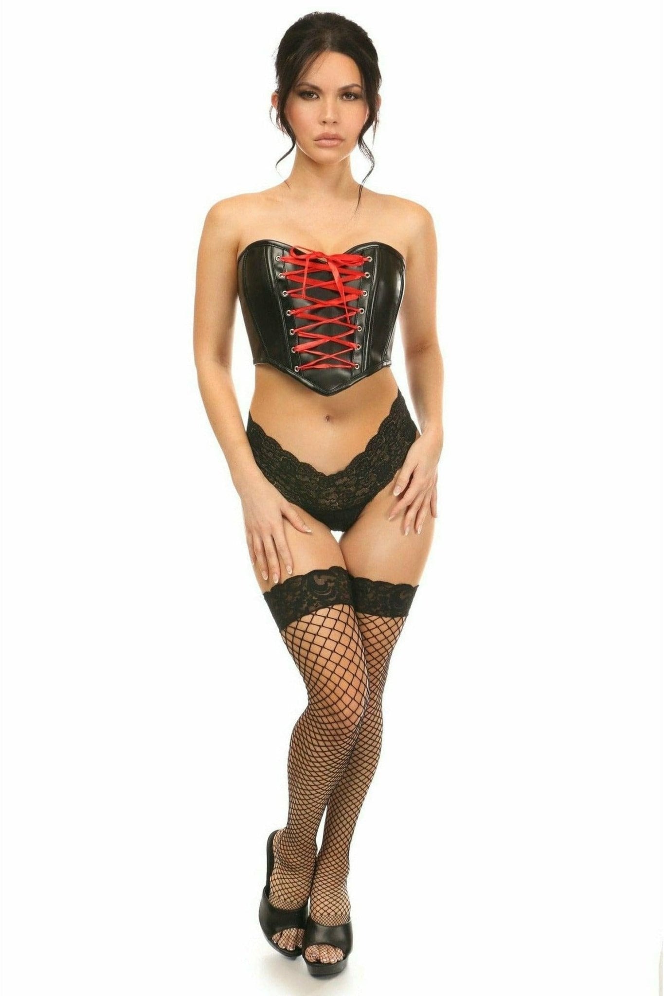 Sexy Black Faux Leather with Red Lace-Up Bustier Musotica.com