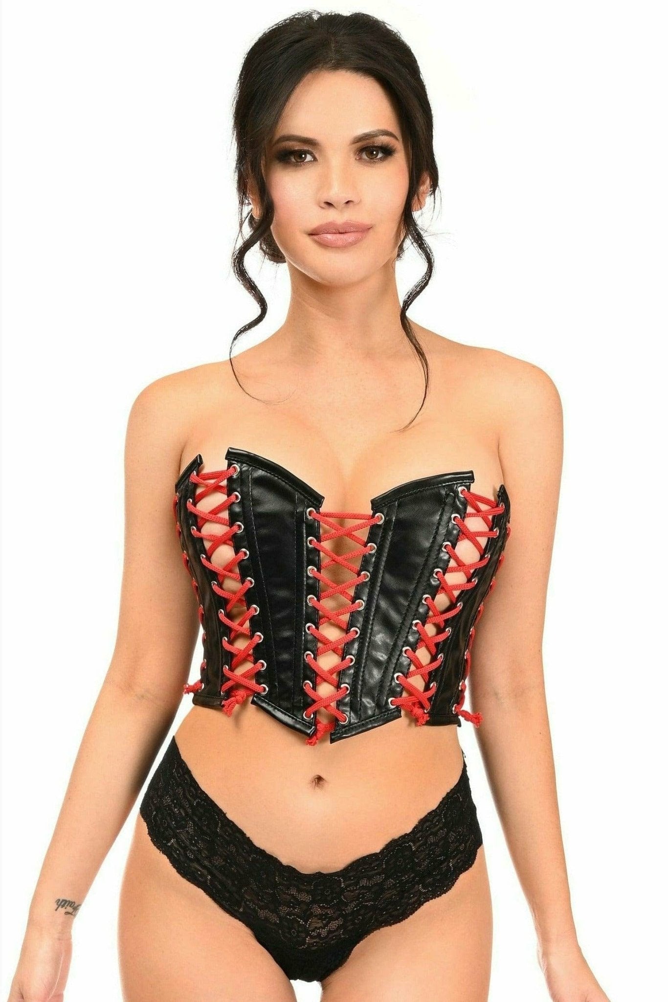 Sexy Black Faux Leather with Red Lacing Lace-Up Bustier Musotica.com