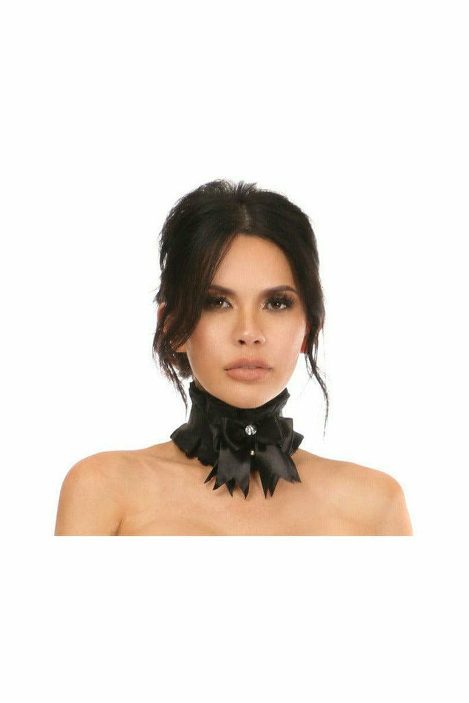 Sexy Black Lace Costume Choker with rhinestone and bell embellishments, featuring a smooth black lace and ribbon tie closure, worn by a woman during a photo shoot.