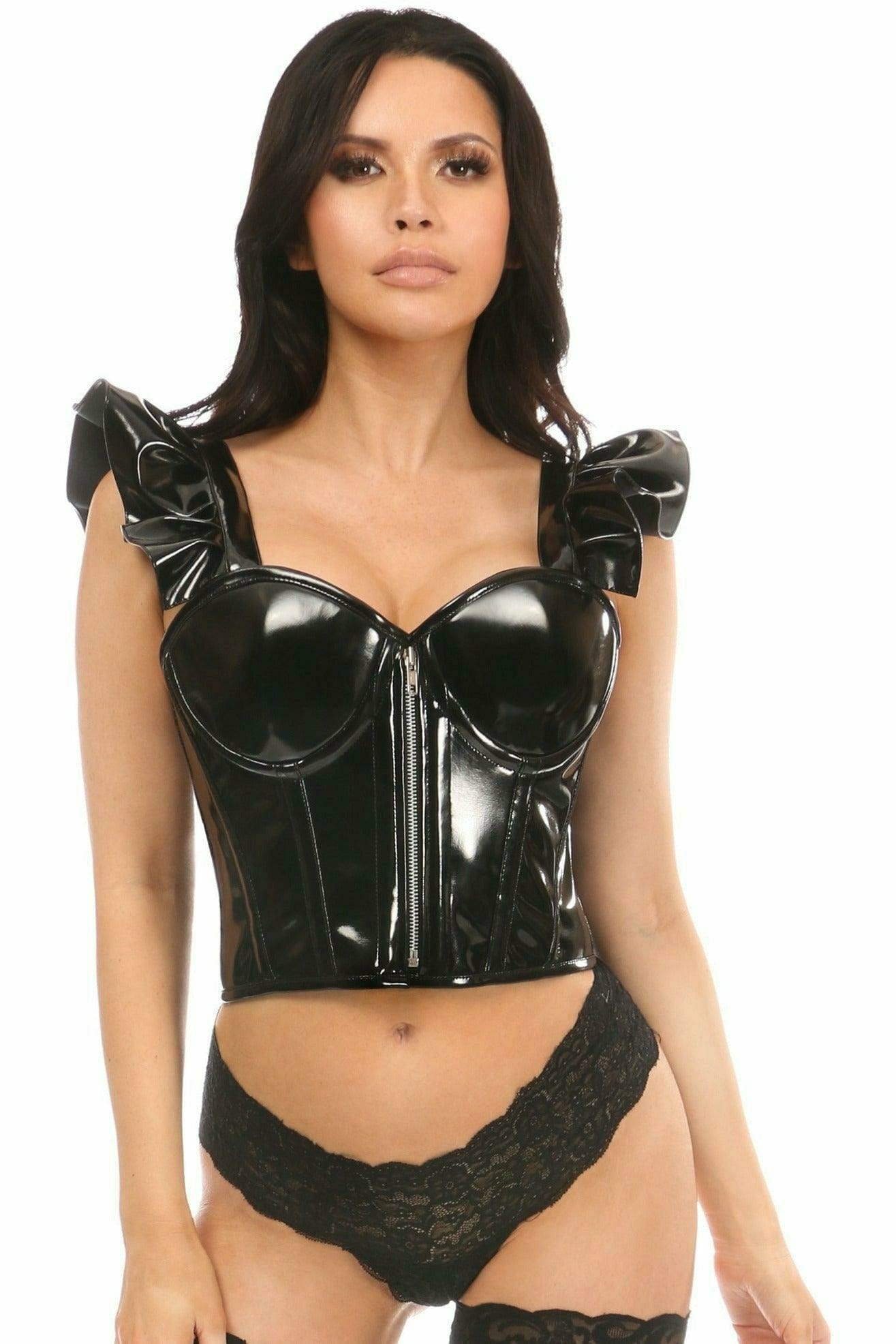 Sexy Black Patent Bustier Top with Ruffle Sleeves Musotica.com