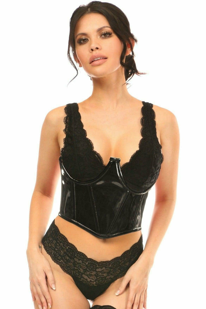 Woman modeling Sexy Black Patent Open Cup Underwire Waist Cincher with lacing, featuring high-quality PVC, underwire support, and cinching design for a flattering silhouette.