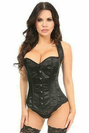Woman modeling Sexy Black Satin Full Back Sweetheart Corset with shoulder straps, front busk closure, and back cinching for support.