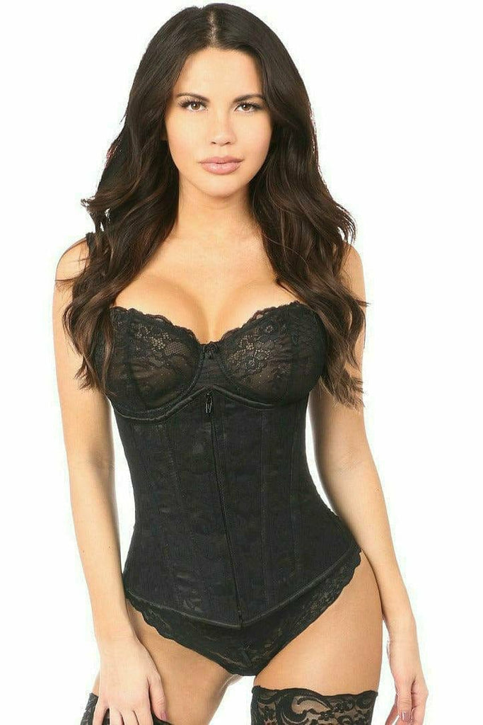 Sexy Black Underbust Corset with Black Lace Overlay, featuring front zipper, privacy panel, and boning for a slimming silhouette, modeled by a woman.