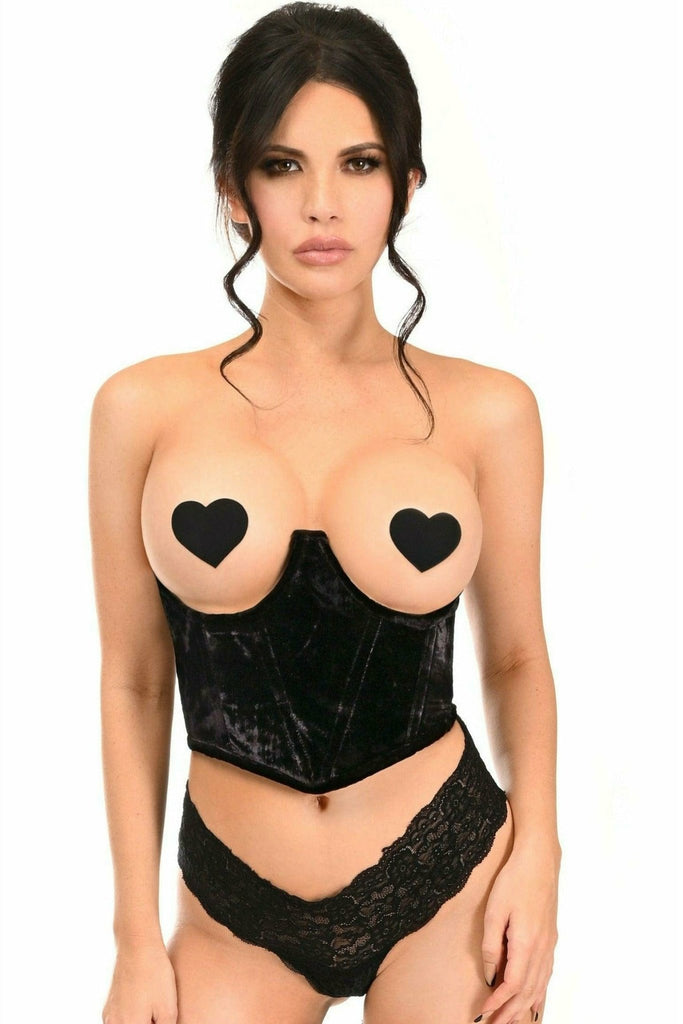 Woman modeling the Sexy Black Velvet Underwire Waist Cincher Corset, showcasing its lace-up back and underbust design with plastic and steel bones for support.