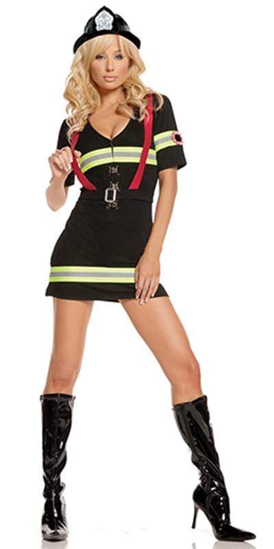 Sexy Blazing Hot Firewoman Costume featuring a firefighter outfit with boots and accessories, ideal for Halloween or cosplay, worn by a model.