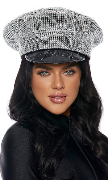 Sexy Bling Rhinestone Cop Hat One Size Silver