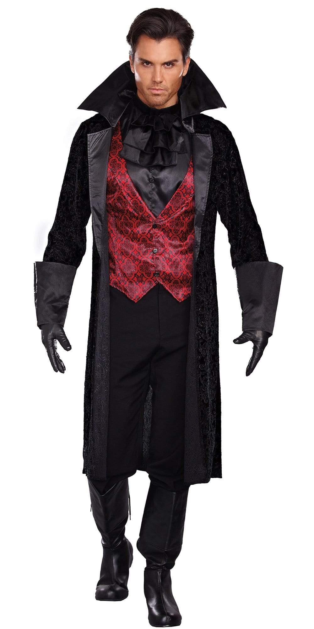 Man wearing the Sexy Bloody Handsome Men's Costume, featuring a black velvet coat with embossed design and vampire collar, over a satin vest with ruffled shirt front.