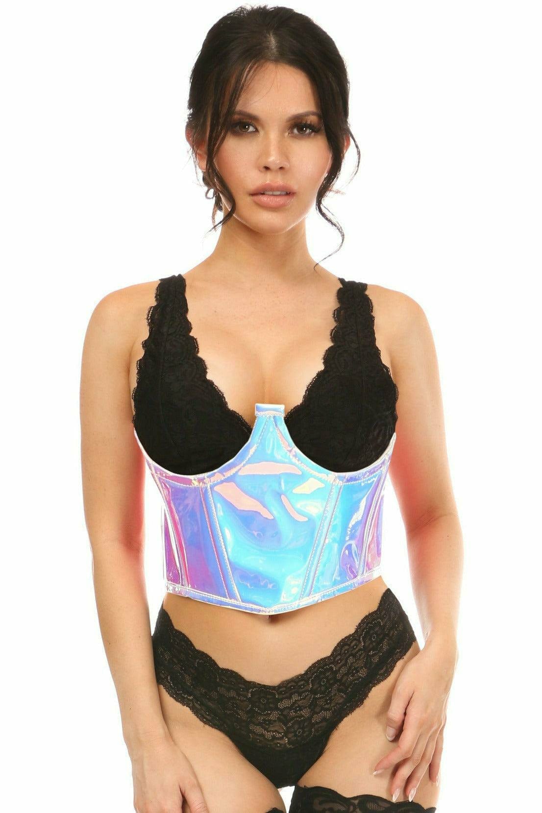 Sexy Blue with Purple Hologram Open Cup Underwire Waist Cincher Musotica.com