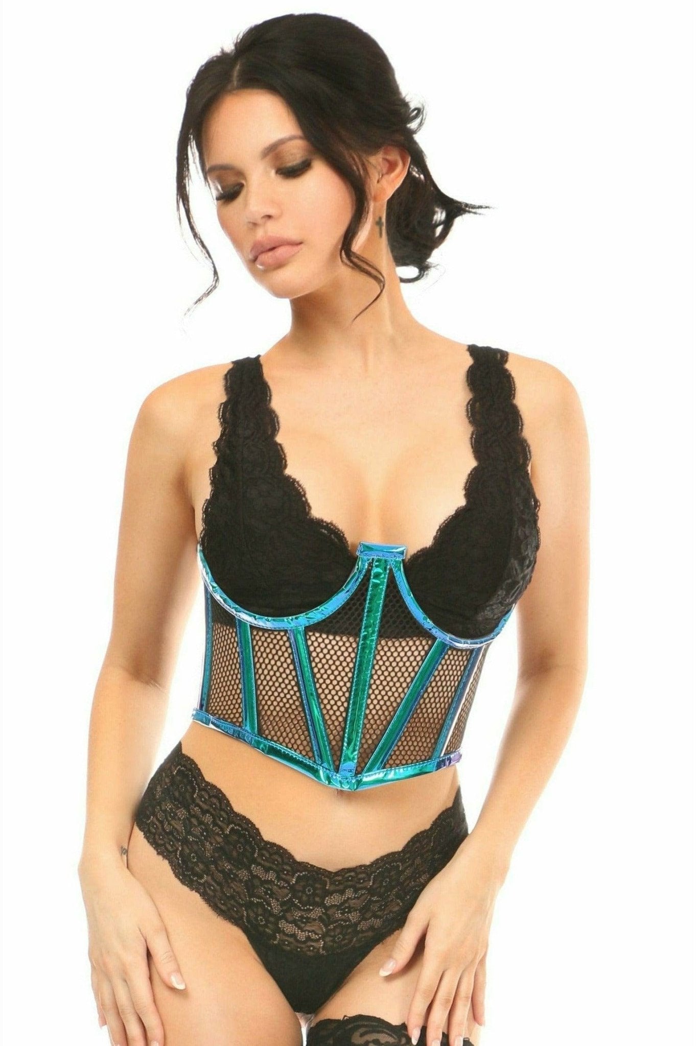Sexy Blue with Teal Hologram & Fishnet Underwire Waist Cincher Corset Musotica.com