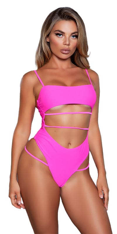 Woman modeling the Sexy Brianna Cut Out Strappy High Leg Swimsuit, showcasing adjustable straps, high-cut legs, and a cheeky tanga back, emphasizing summer style.