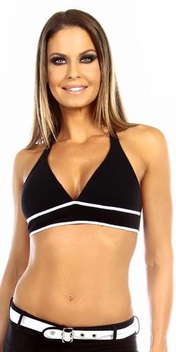 Woman modeling the Sexy Burn Adjustable Tie Athletic Ring Girl Gym Halter Top, showcasing its supportive fit, dynamic trim, and adjustable tie back design.