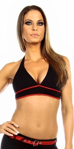Woman models the Sexy Burn Adjustable Tie Athletic Ring Girl Gym Halter Top, showcasing its supportive fit, dynamic trim, and stylish halter design.