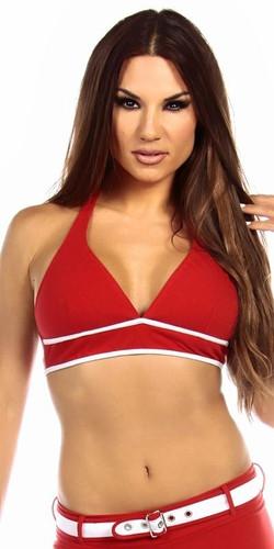 Sexy Burn Adjustable Tie Athletic Ring Girl Gym Halter Top - Red/White