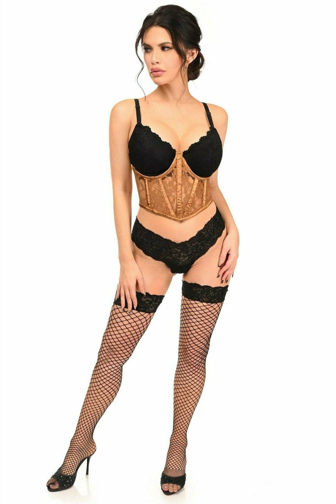 Sexy Caramel Sheer Lace Underwire Waist Cincher Corset Musotica.com