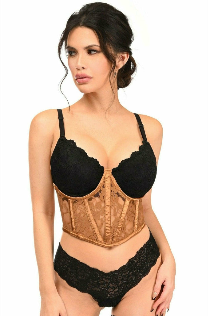 Woman modeling the Sexy Caramel Sheer Lace Underwire Waist Cincher Corset, highlighting its lace fabric, underwire support, and structured design.