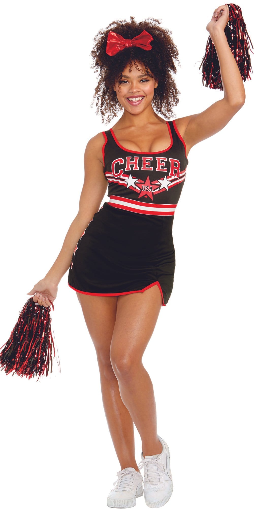 Sexy Cheer Team Usa Women's Costume featuring a cheerleader outfit with athletic trims, stars, oversized foil hair bow, and mylar pom poms for a playful look.