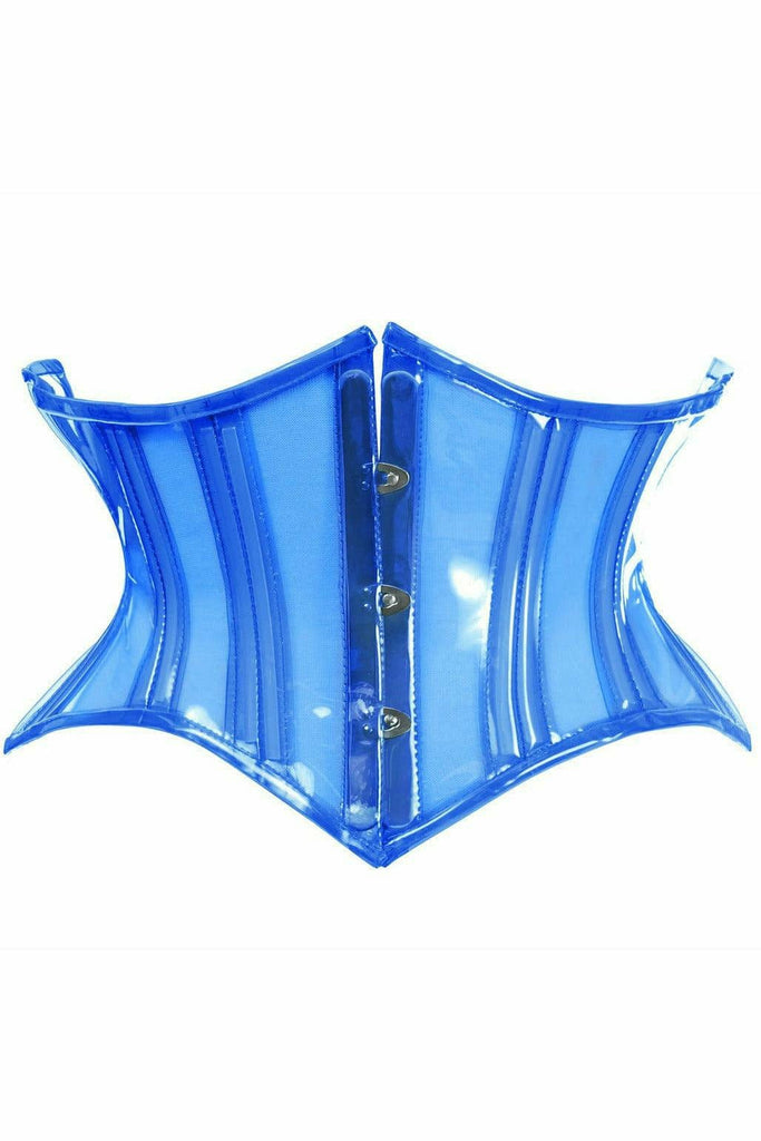 Sexy Clear Blue Curvy Cut Mini Cincher Corset featuring a front metal busk closure, plastic and steel boning, and a lace-up back for secure fit.