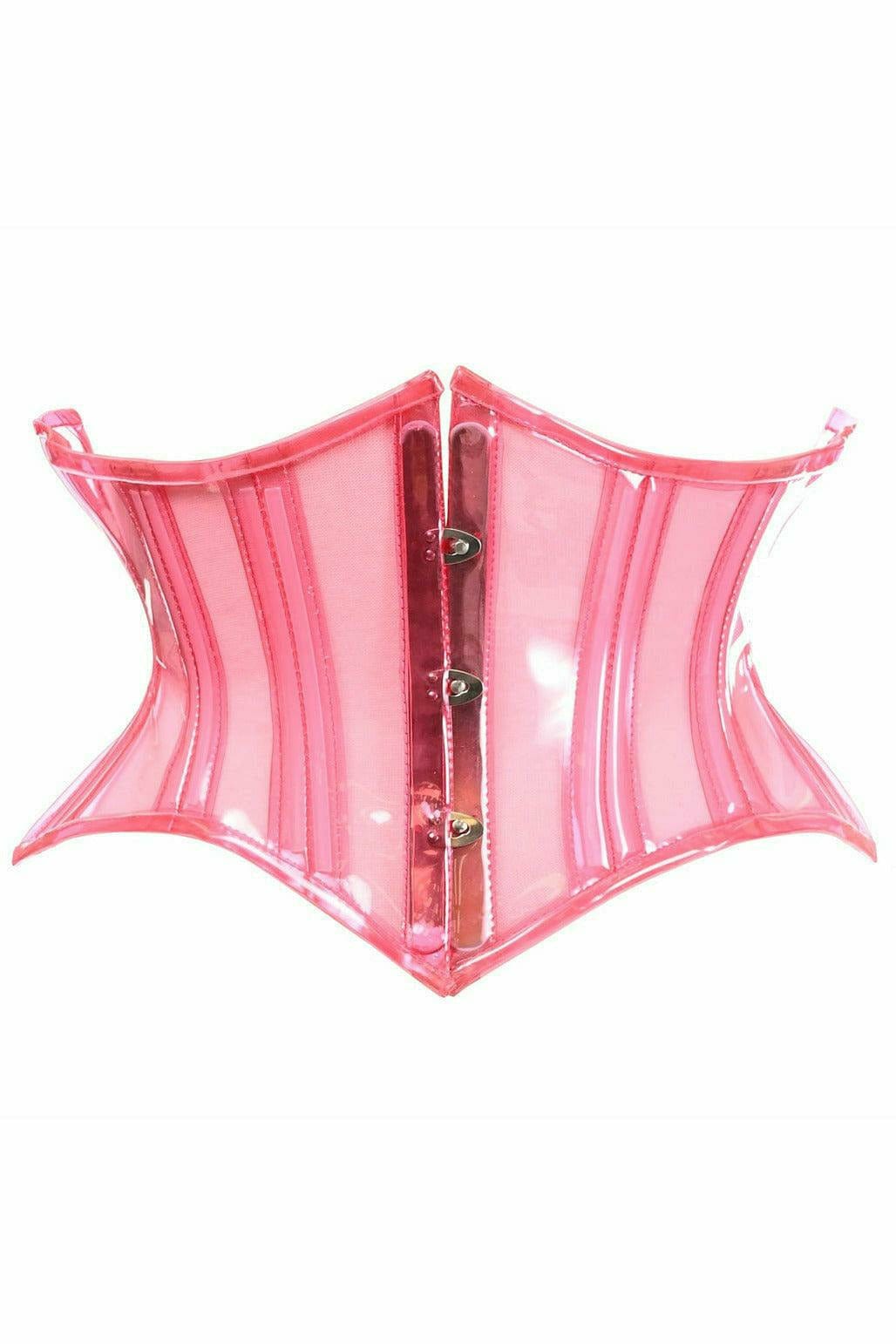Sexy Clear Pink Curvy Cut Mini Cincher Corset featuring silver clasps, curvy cut, and front busk closure, visible with detailed stitching and boning structure.