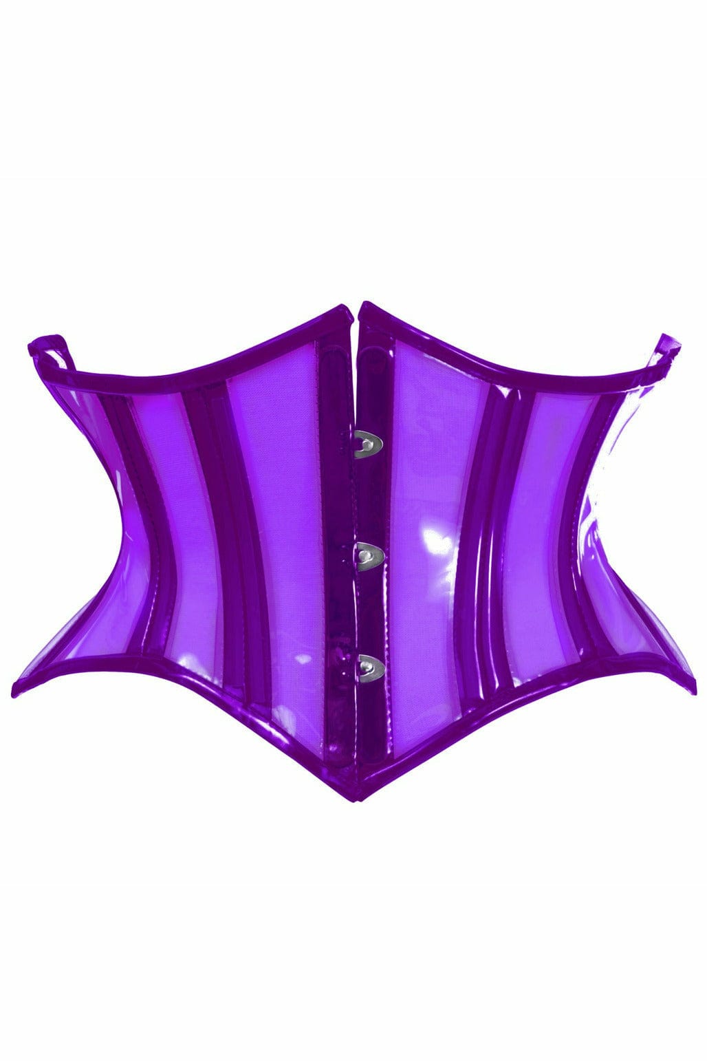 Sexy Clear Purple Curvy Cut Mini Cincher Corset with silver buttons, two straps, front busk closure, and lace-up back for a flattering, stylish fit.