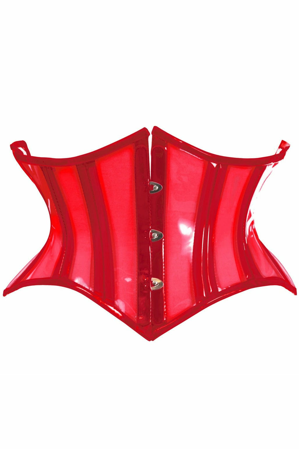 Sexy Clear Red Curvy Cut Mini Cincher Corset with double plastic bones, silver clasps, and back lacing for a flattering silhouette.