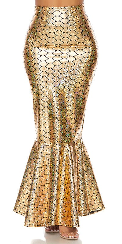 Sexy Colorful Hologram Wide Band Mermaid Skirt with iridescent fish scale pattern and wide waistband, showcasing a unique mermaid style.