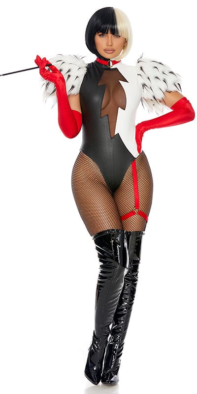 Woman wearing Sexy Cruella's Comeback Halloween Costume, featuring a split bodysuit with sheer mesh, faux fur shoulders, attached garter, and accessories like gloves and choker.