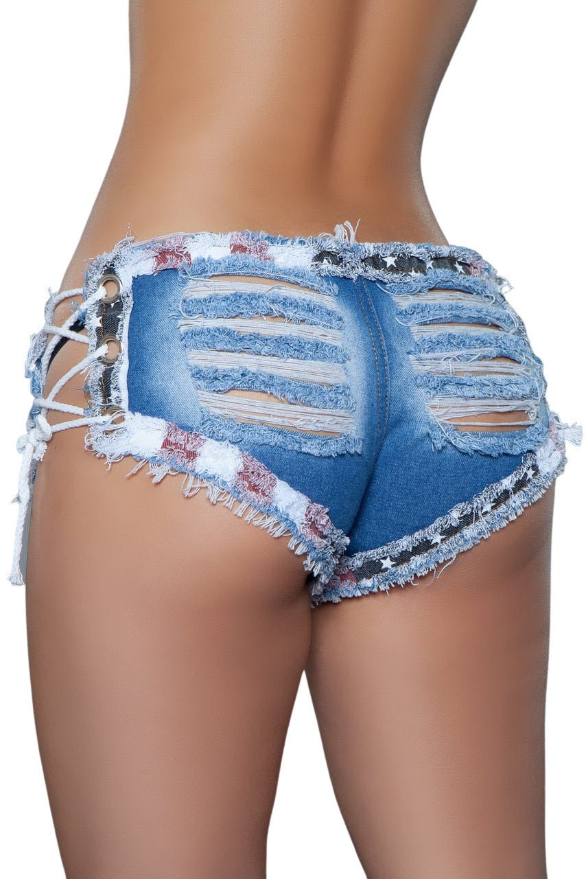 Woman wearing Sexy Cut Out Denim Slay It Shorts with torn design and tie-up sides, highlighting the low-waisted fit and cut-off details for a stylish look.