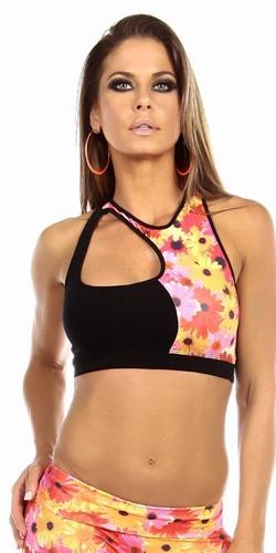 Sexy Cut Out Flex Racer Back Supportive Sports Bra Top - Black/Sunflow