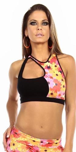 Sexy Cut Out Flex Racer Back Supportive Sports Bra Top with cut-out accents and racer back style, modeled by a woman in a fitness context.