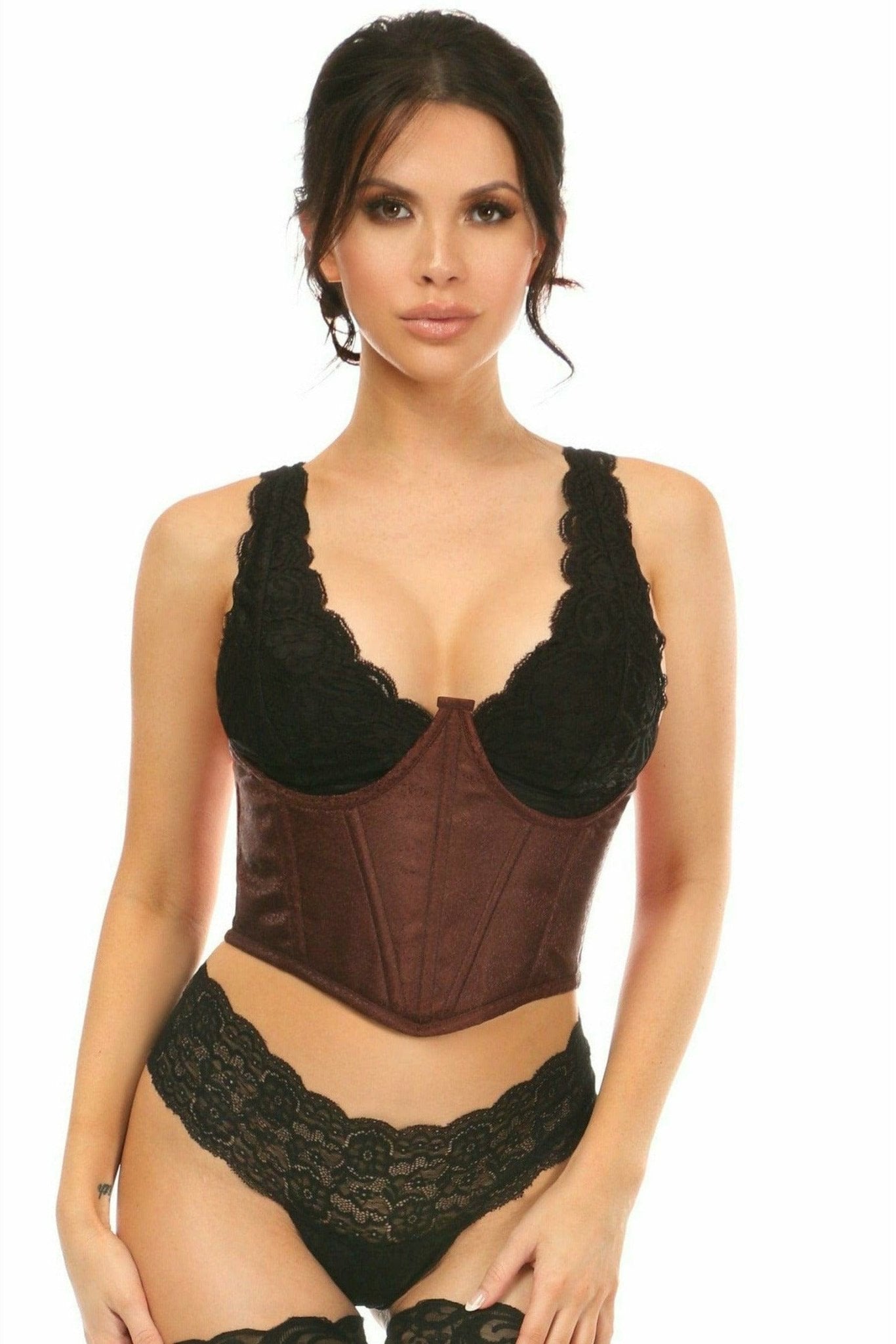 Woman wearing Sexy Dark Brown Brocade Open Cup Waist Cincher with black details, featuring underwire support, cinching bones, and back zipper closure, highlighting her curves.