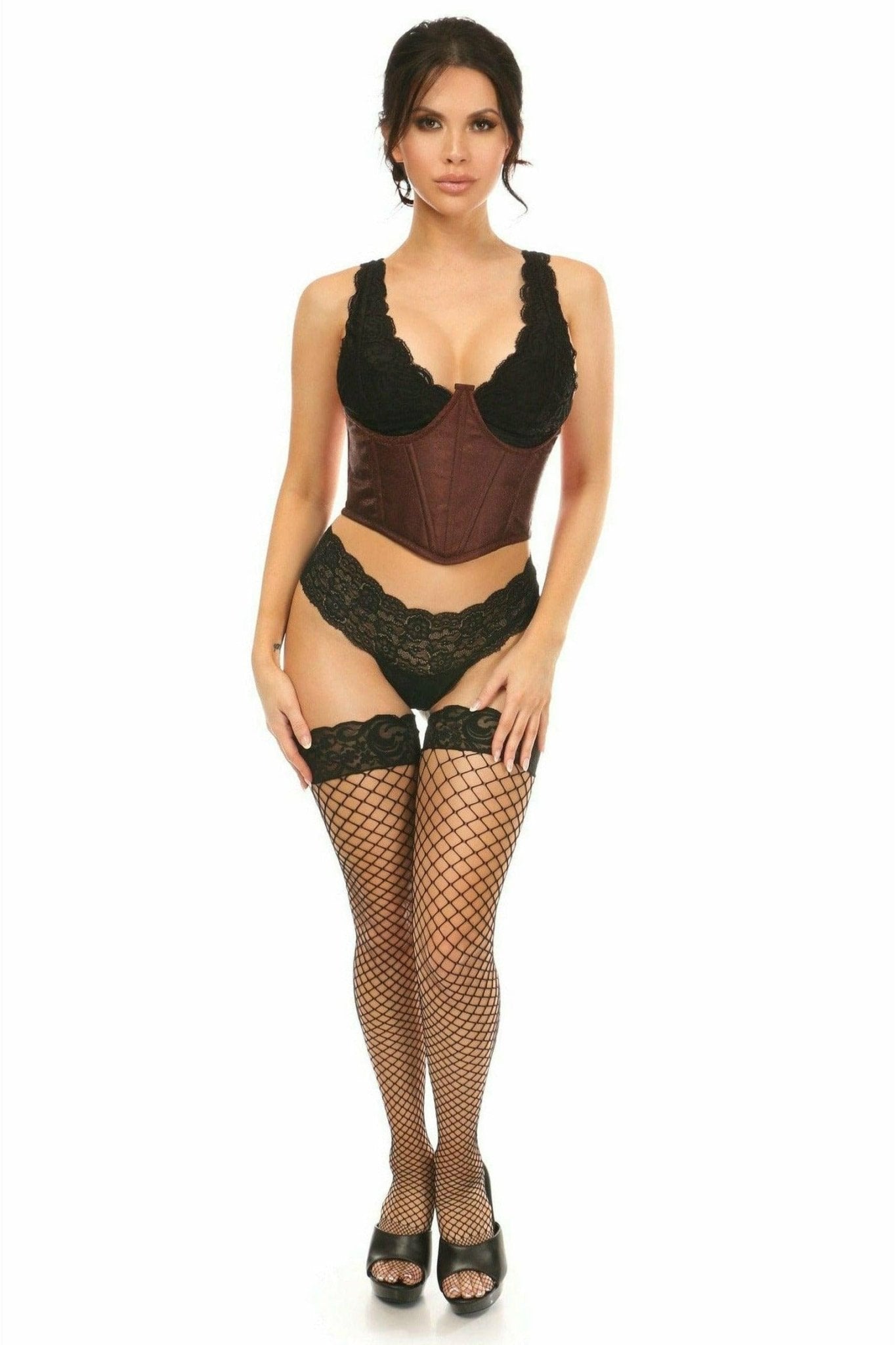 Sexy Dark Brown Brocade Open Cup Waist Cincher Musotica.com