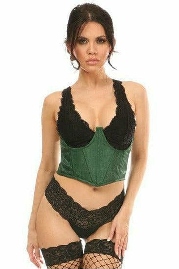 Woman in Sexy Dark Green Brocade Open Cup Waist Cincher, featuring supportive boning and a hidden zipper, suitable for special occasions.