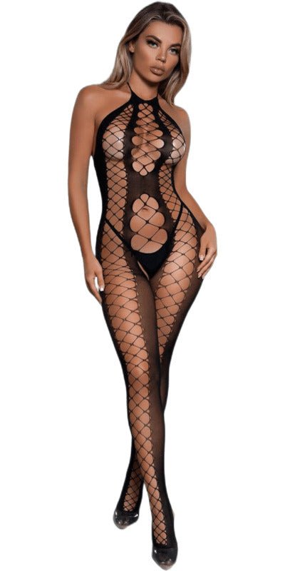 Woman modeling the Sexy Darkest Desire Bodystocking featuring a halter neck, open back, netted cups, crotchless design, and criss-cross panels.