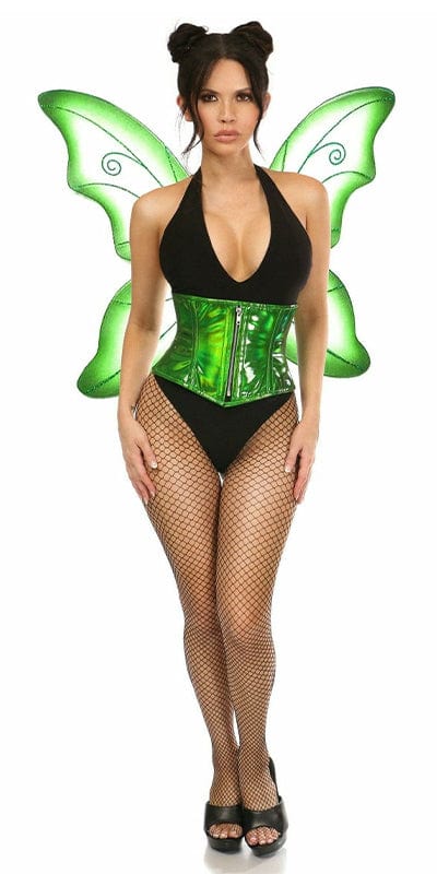 Woman wearing Sexy Deluxe 2 Piece Green Pixie Fairy Corset Halloween Costume, showcasing steel boned corset with zipper, and included fairy wings.