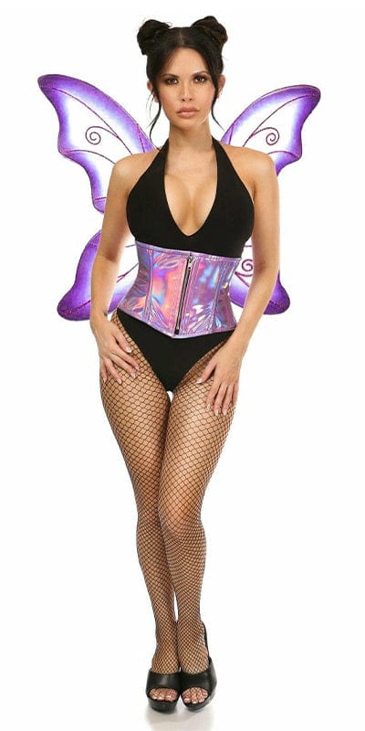 Woman models Sexy Deluxe 2 Piece Purple Pixie Fairy Corset Halloween Costume with fitted design, front zipper, and included wings for a fantasy look.