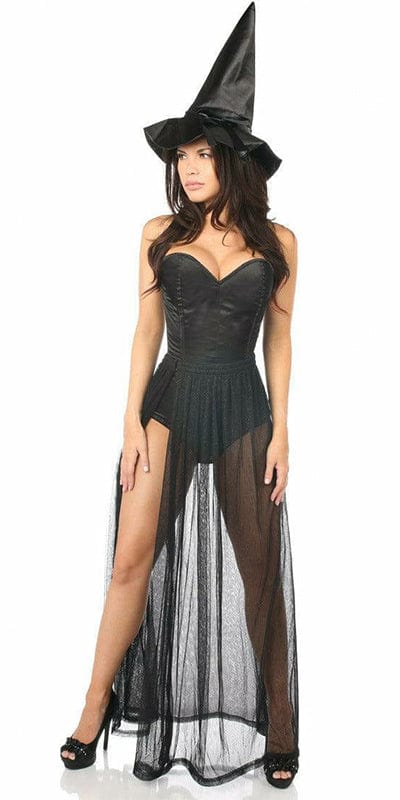 Sexy Deluxe 3 Piece Evil Witch Corset Halloween Costume featuring a woman in a black dress, corset romper, sheer skirt, and witch hat, styled for a spooky look.