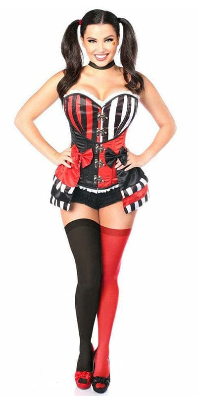 Woman modeling a Sexy Deluxe 3 Piece Joker Villain Corset Halloween Costume, featuring a corset with removable snap skirt, garters, and detachable black mesh ruffle panty.
