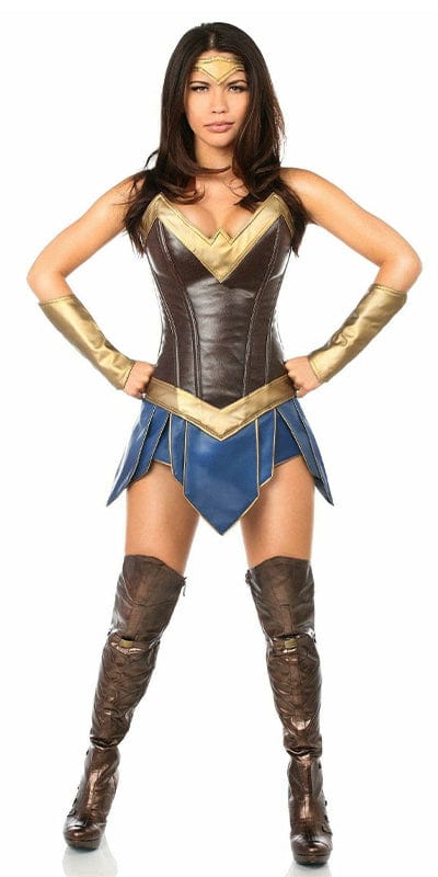 Woman modeling the Sexy Deluxe 3 Piece Warrior Woman Halloween Costume with corset, knee-high boots, headband, and wristbands, showcasing faux leather and steel bones design.