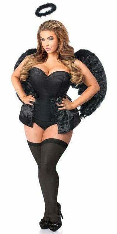 Woman modeling the Sexy Deluxe 4 Piece Angel of Darkness Corset Halloween Costume, featuring a black corset with removable garters and skirt, black shoes visible.