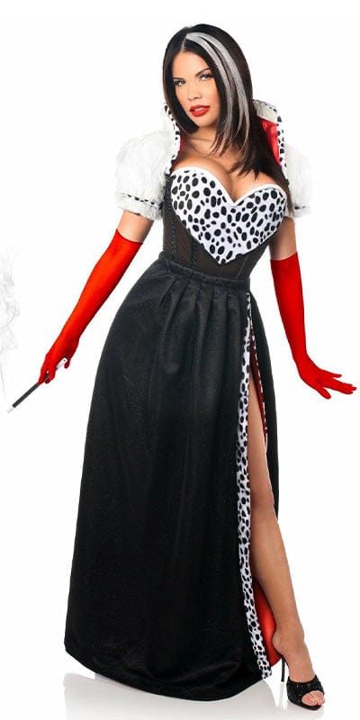 Woman wearing the Sexy Deluxe 4 Piece Devious Dog Snatcher Halloween Costume, featuring a corset, skirt, faux fur bolero jacket, and red gloves.